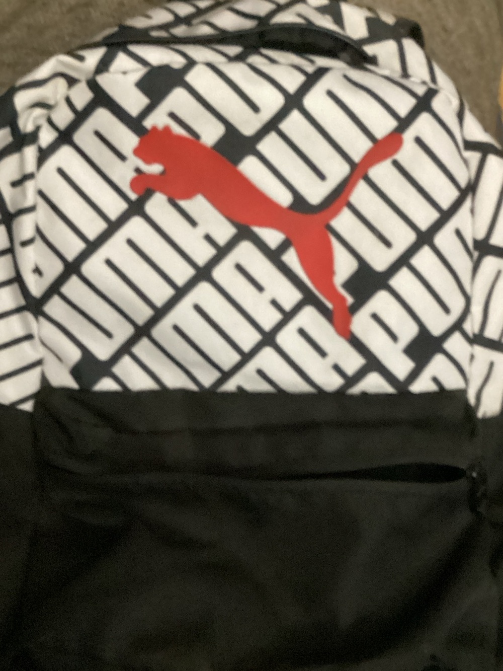 Puma Men's White and Black Graphic Tee with Red Puma Logo